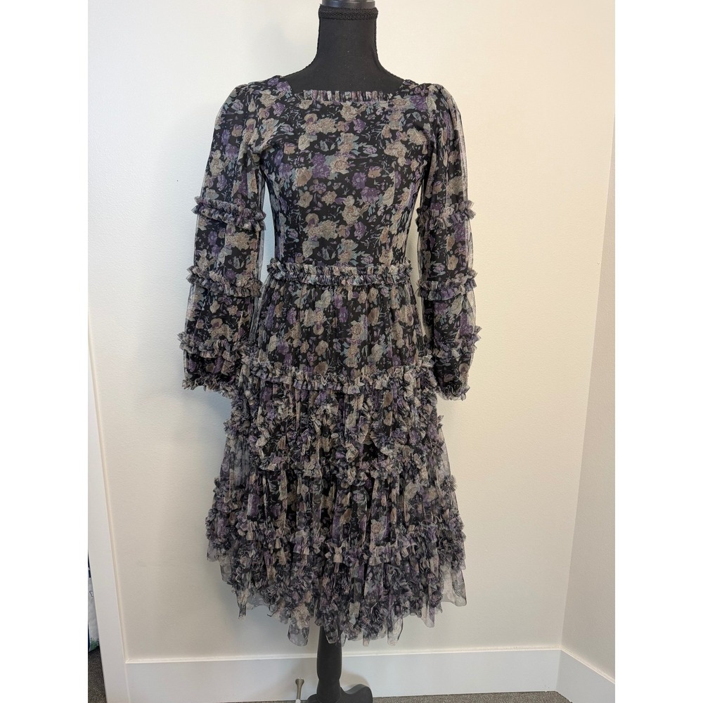 Ivy City Co Floral Mesh Ruffle Midi Dress Black Purple Long Sleeve Smocked Back